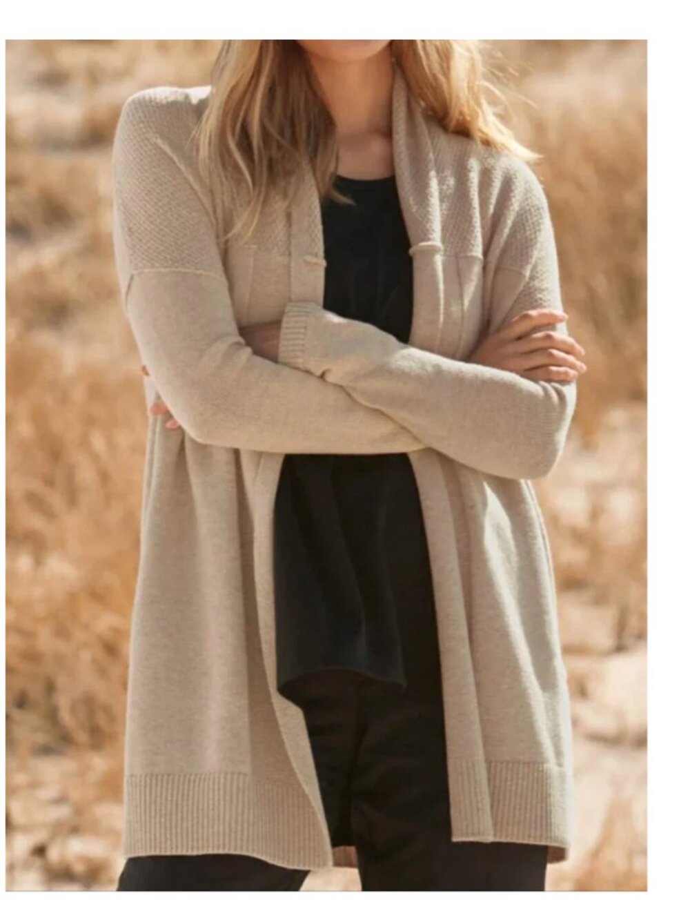 Garnet Hill Cozy Seed-Stitch Cardigan S Merino Wool Beige Open Front Pockets